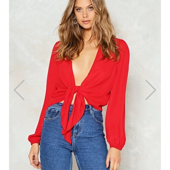 Nasty Gal | Front Tie Red Long Sleeve Shirt - Picture 1 of 7